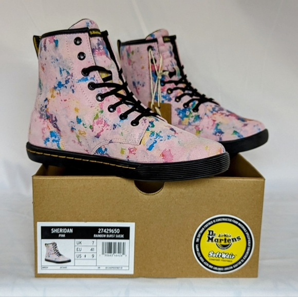 Dr. Martens Sheridan Boots Suede Lace Up Lightweight Rainbow Burst Pink 9 NIB - Picture 14 of 15
